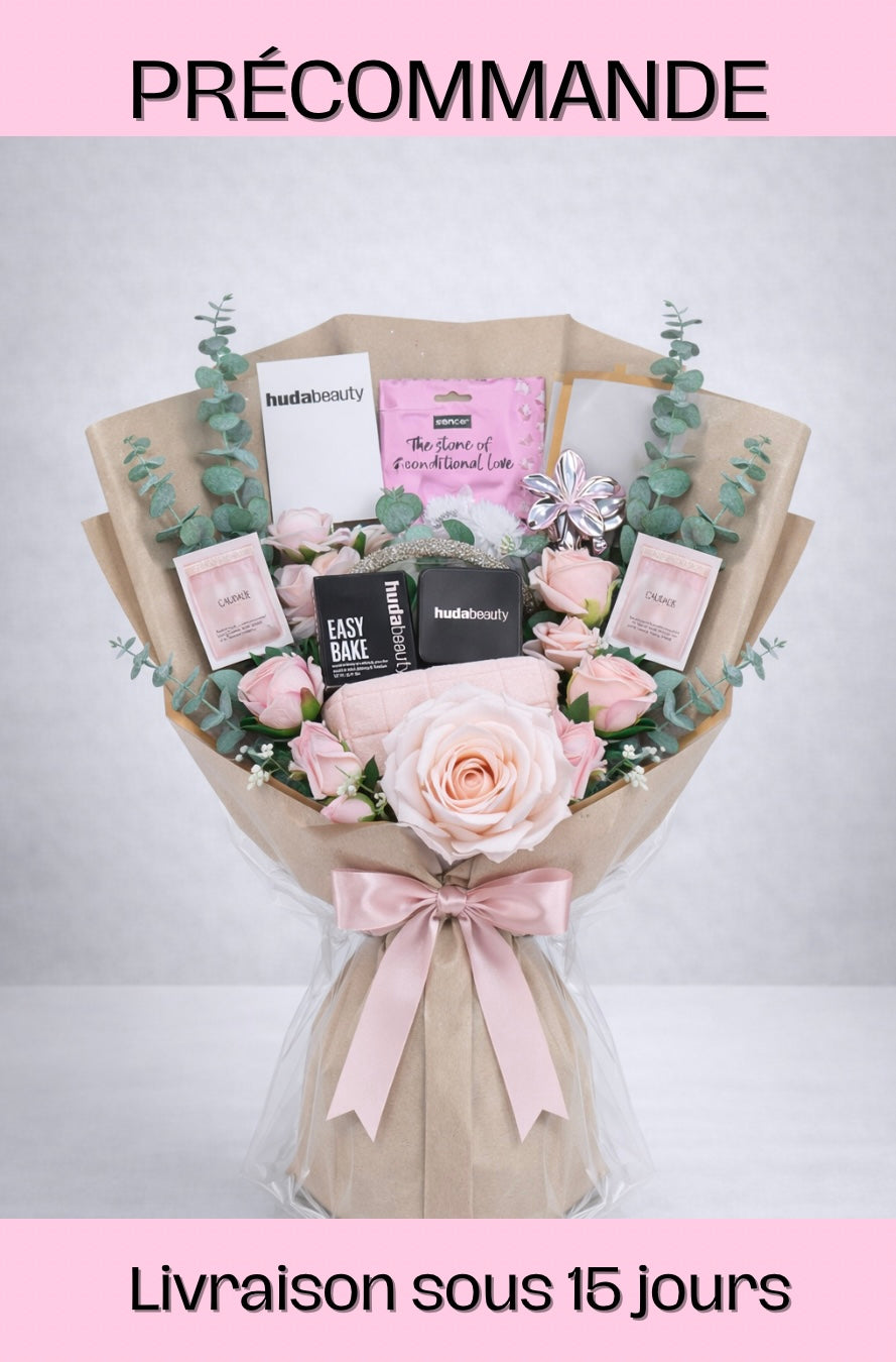 BOSS LADY BOUQUET - HUDA BEAUTY - Maquillage célébre collector, Accessoire strass bijoux, Trousse maquillage velours premium, Pince fleurs cheveux, Soins visage détente x2 - 84cm x 58cm